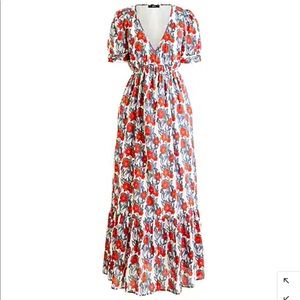 J. Crew White Maxi Dress with Red Floral Print and Blue Leaf Accents